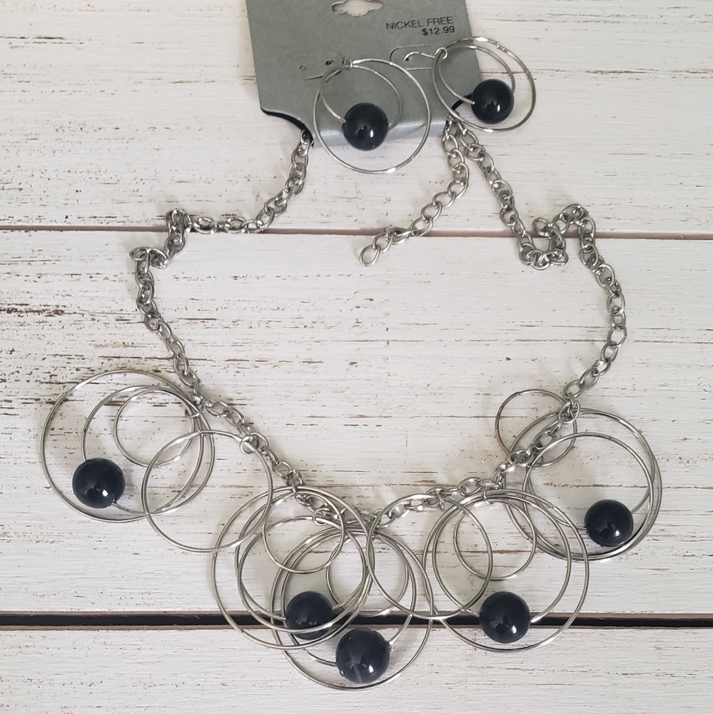 Black and Silver Necklace and Matching Earrings